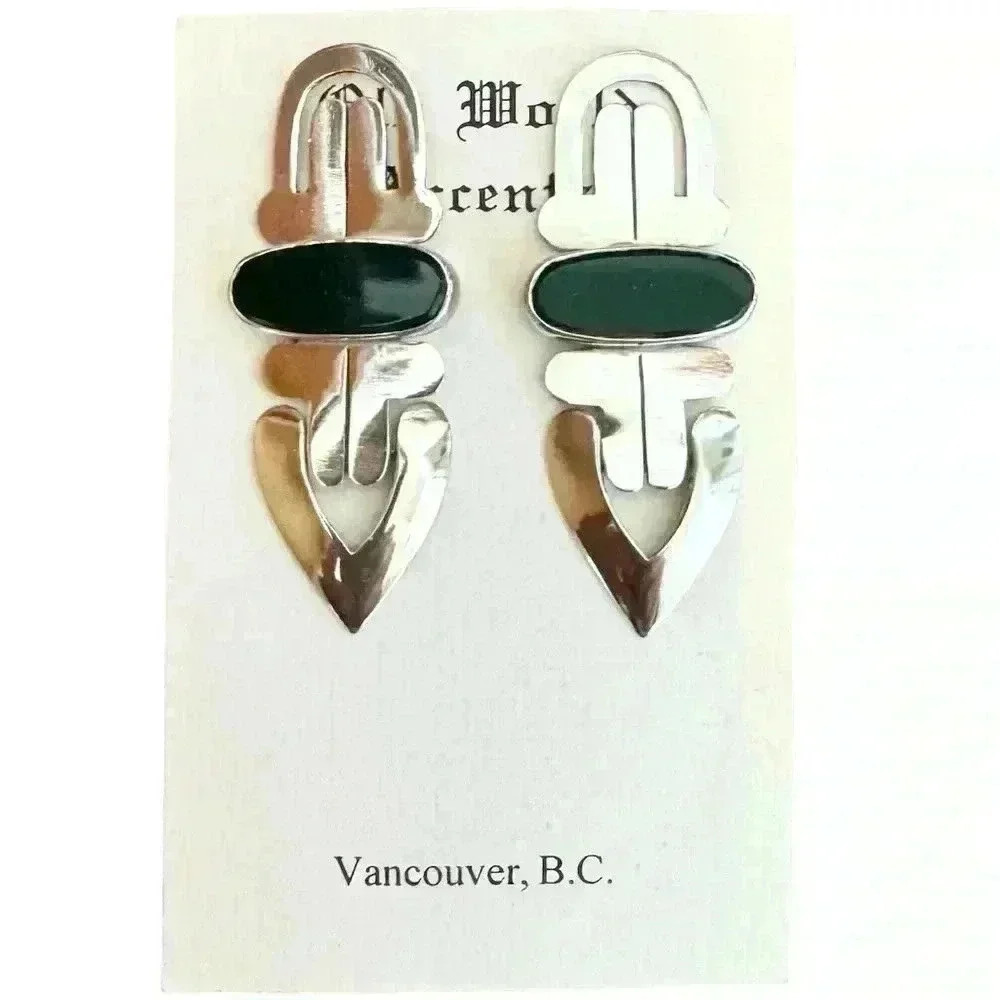 925 Sterling Silver Handmade Green Stone Abstract Earrings